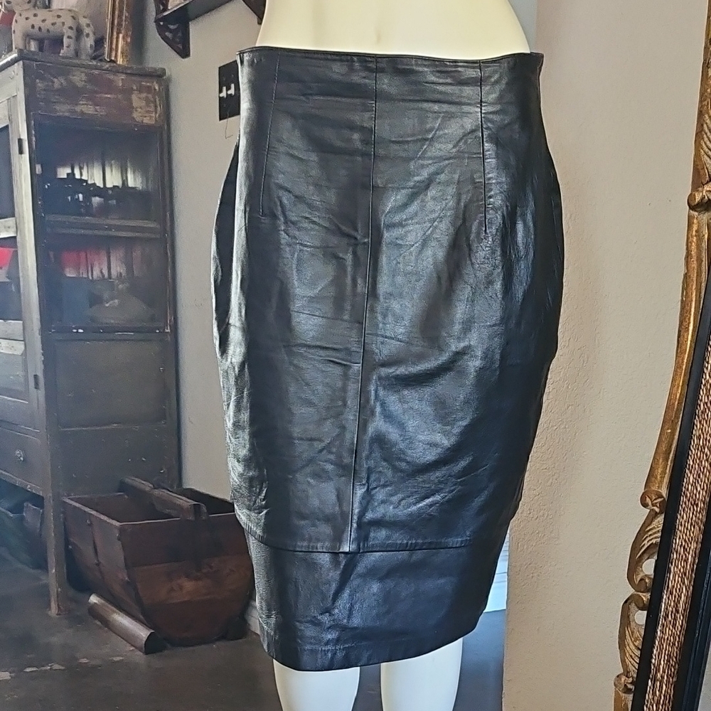 Vintage Rebecca Moses Black 100% Leather Layered Pencil Skirt Size 14 Damage